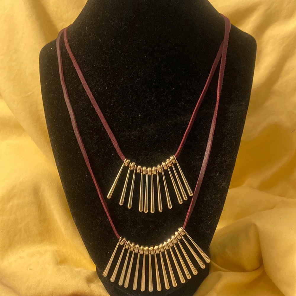 White House Black Market 2 Strand Necklace Real Leather Gold Tone Sun Ra…
